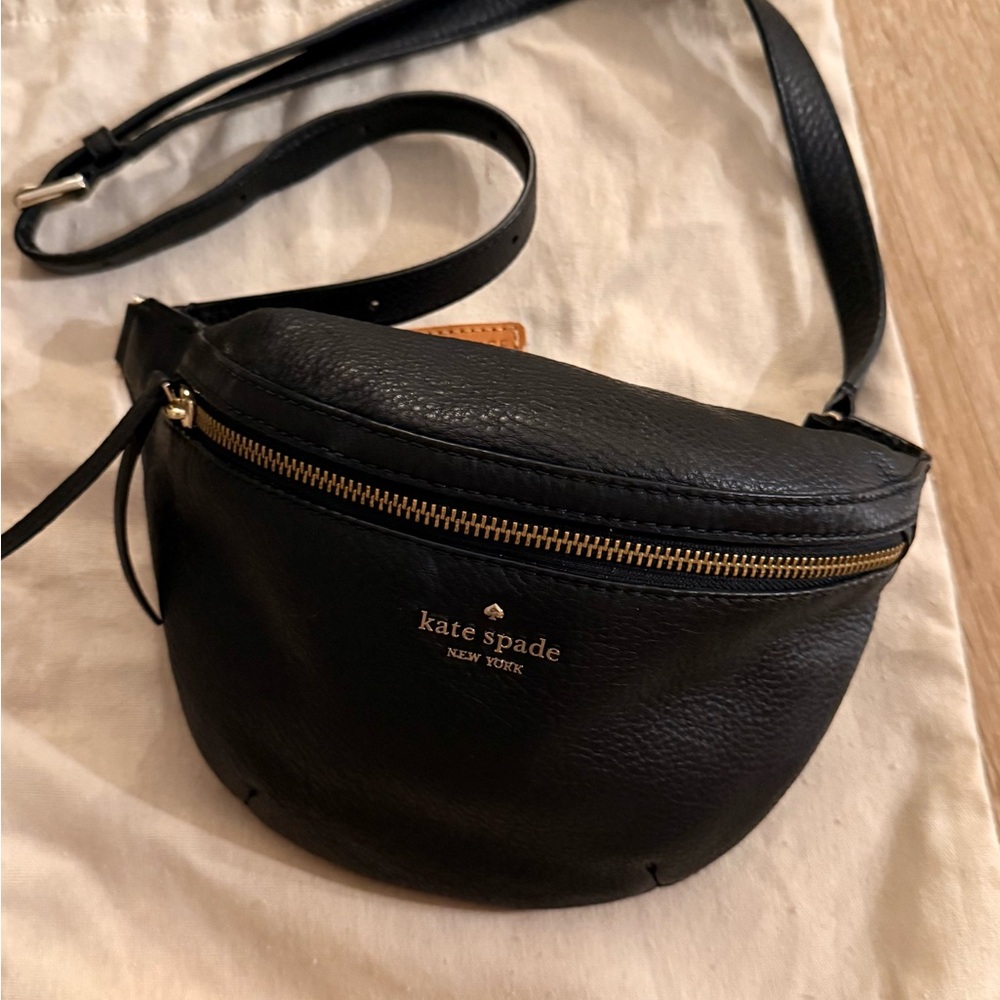Kate Spade Black Leather Belt Bag with Gold Zipper